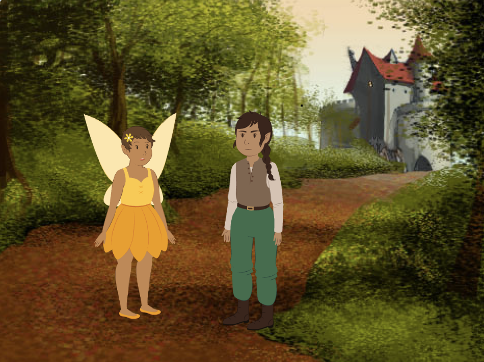 Fairy y Elf conversan en un bosque, con un castillo al fondo.